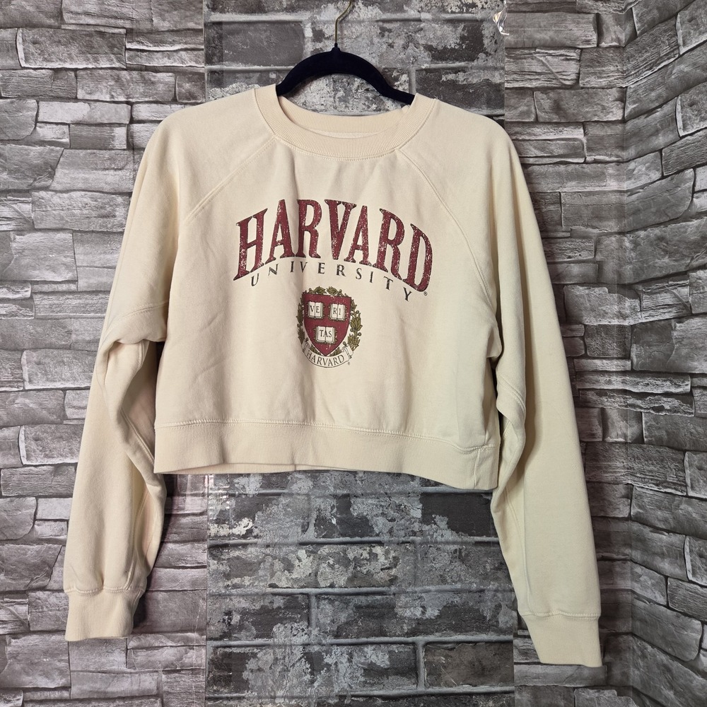 Harvard University Crop Sweatshirt Cream Preppy Logo Varsity Pullover Medium
